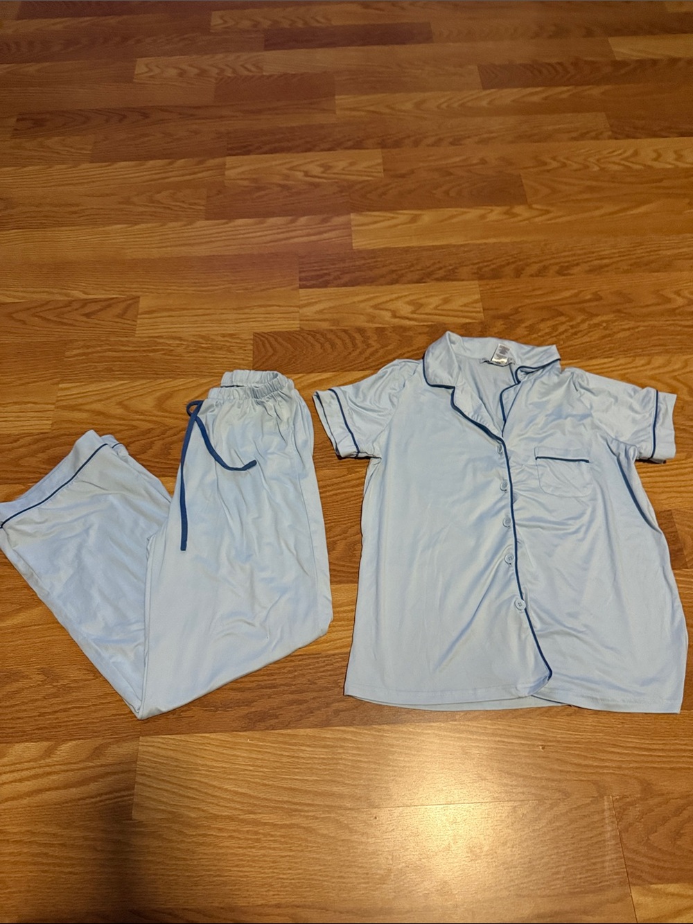 Light Blue Short-Sleeve Pajama Set with Navy Piping